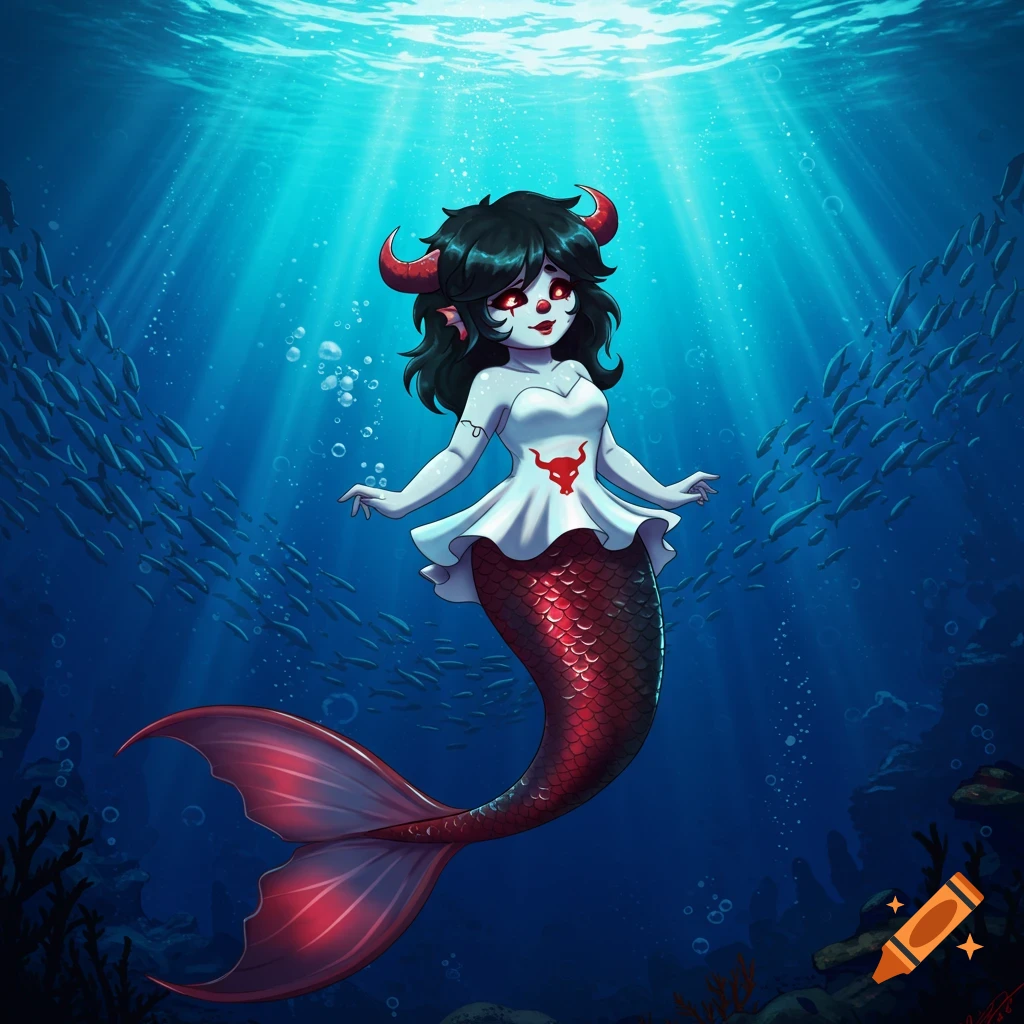 A black-haired mermaid with red horns and a red bull symbol on her white top swims underwater among schools of fish, with light rays from the surface.