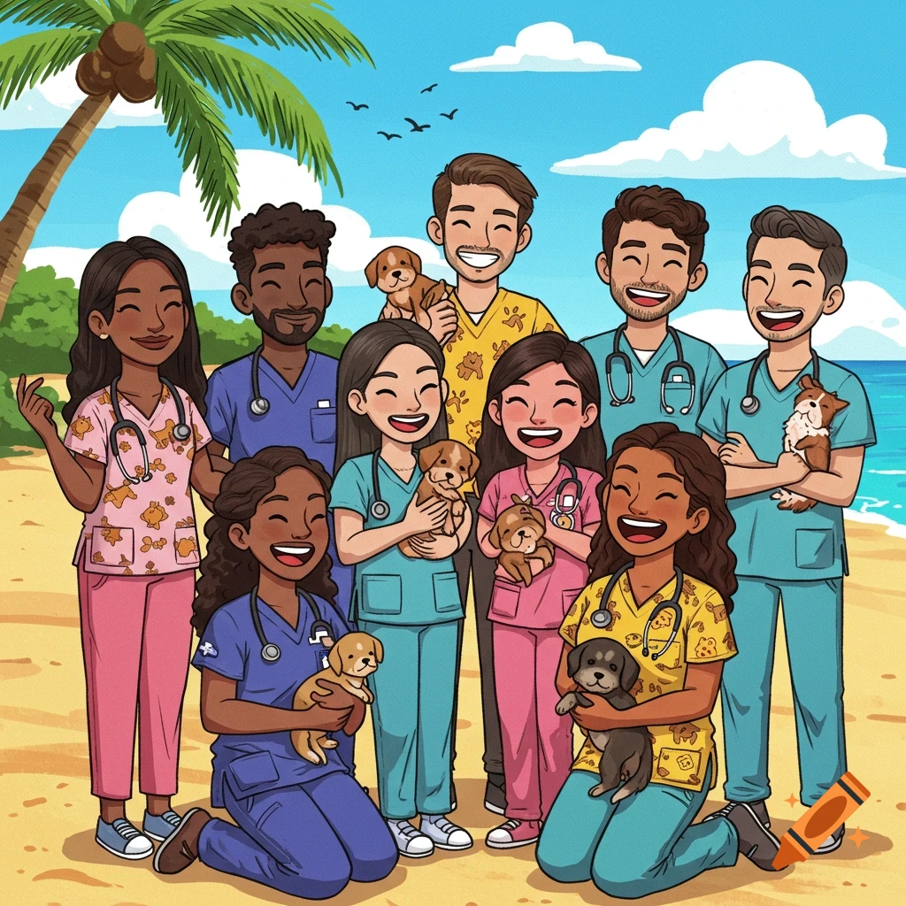A cartoon group of diverse, smiling veterinary students in scrubs, holding puppies on a sunny beach.