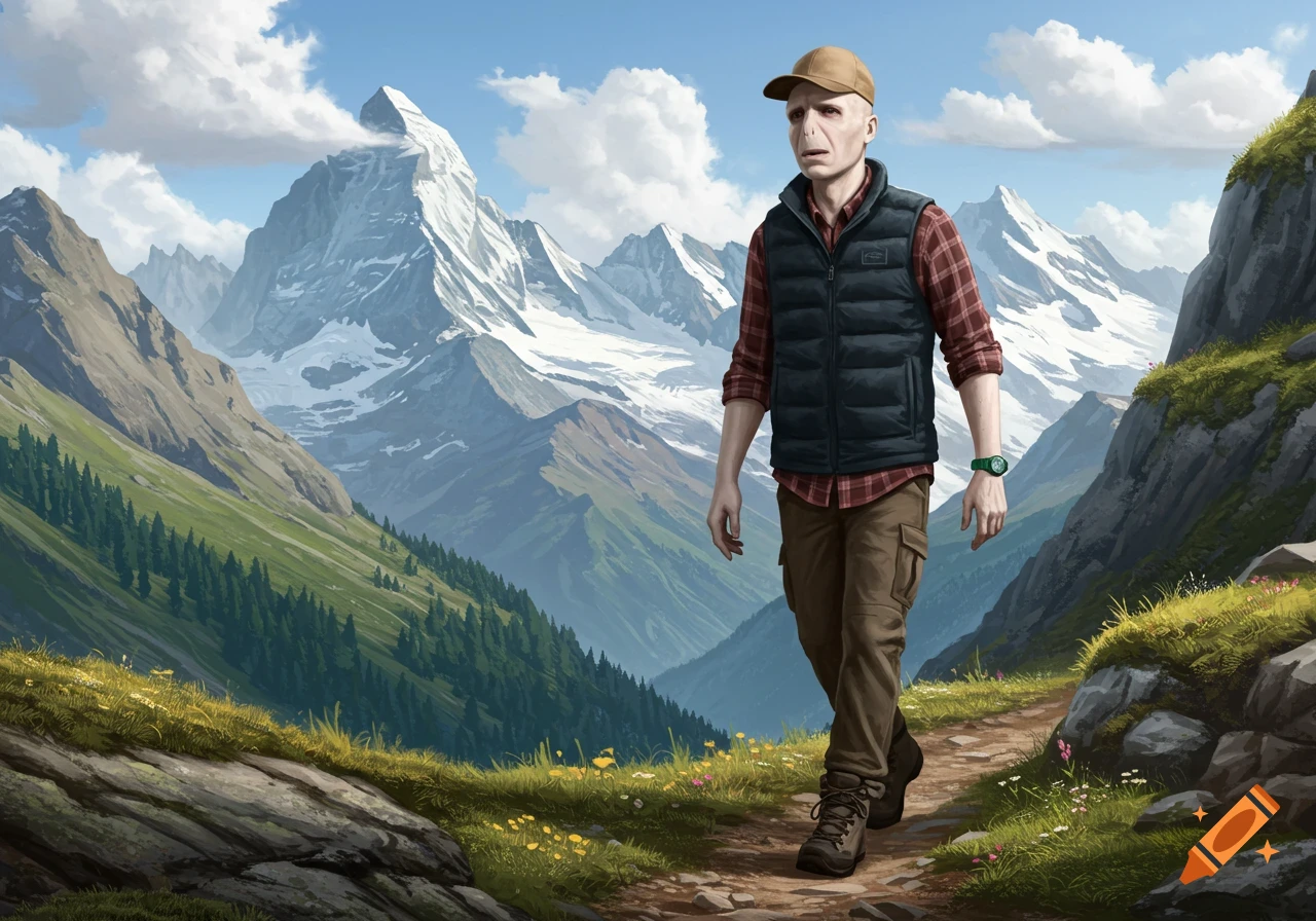 Lord Voldemort in a baseball cap, vest, and flannel shirt hikes on a trail with snow-capped mountains and green valleys in the background.