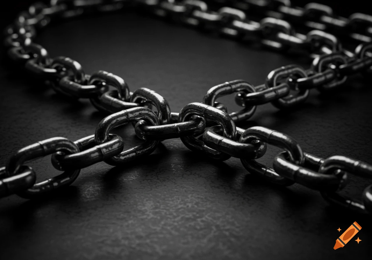 Close-up black and white photo of metal chains lying on a dark surface, with a shallow depth of field.