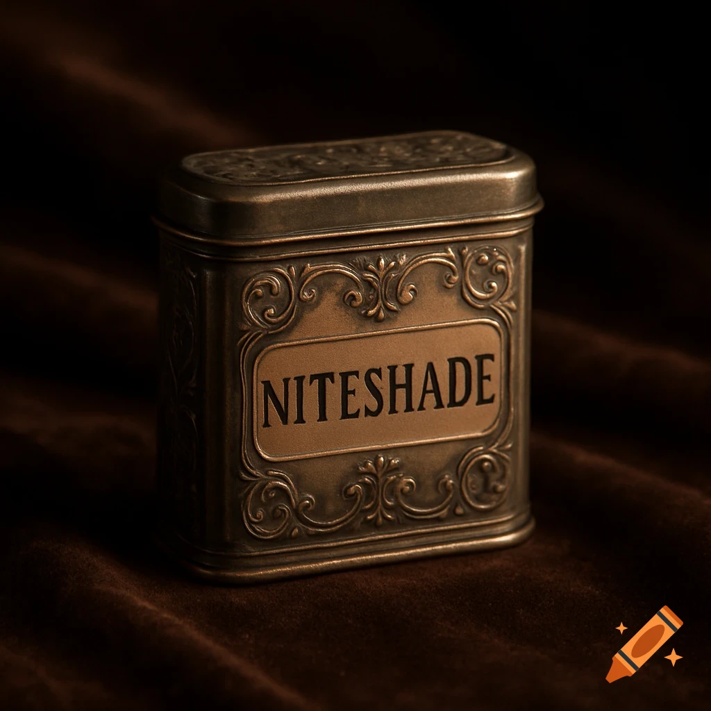 An ornate, rectangular bronze-colored tin labeled 'NITESHADE' resting on dark brown velvet.