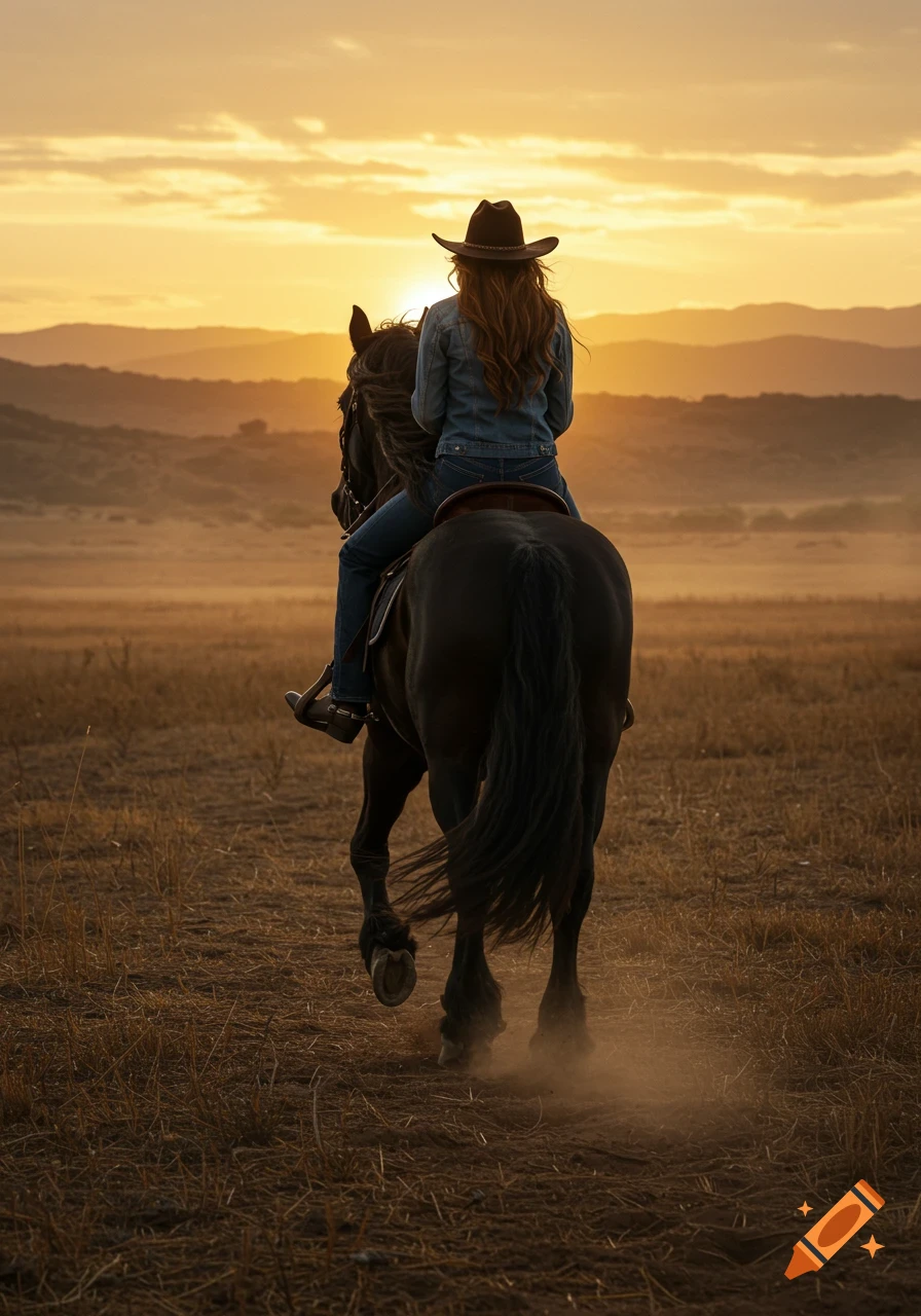Cowgirl on a dark horse rides away into a golden sunset over a field with mountains.