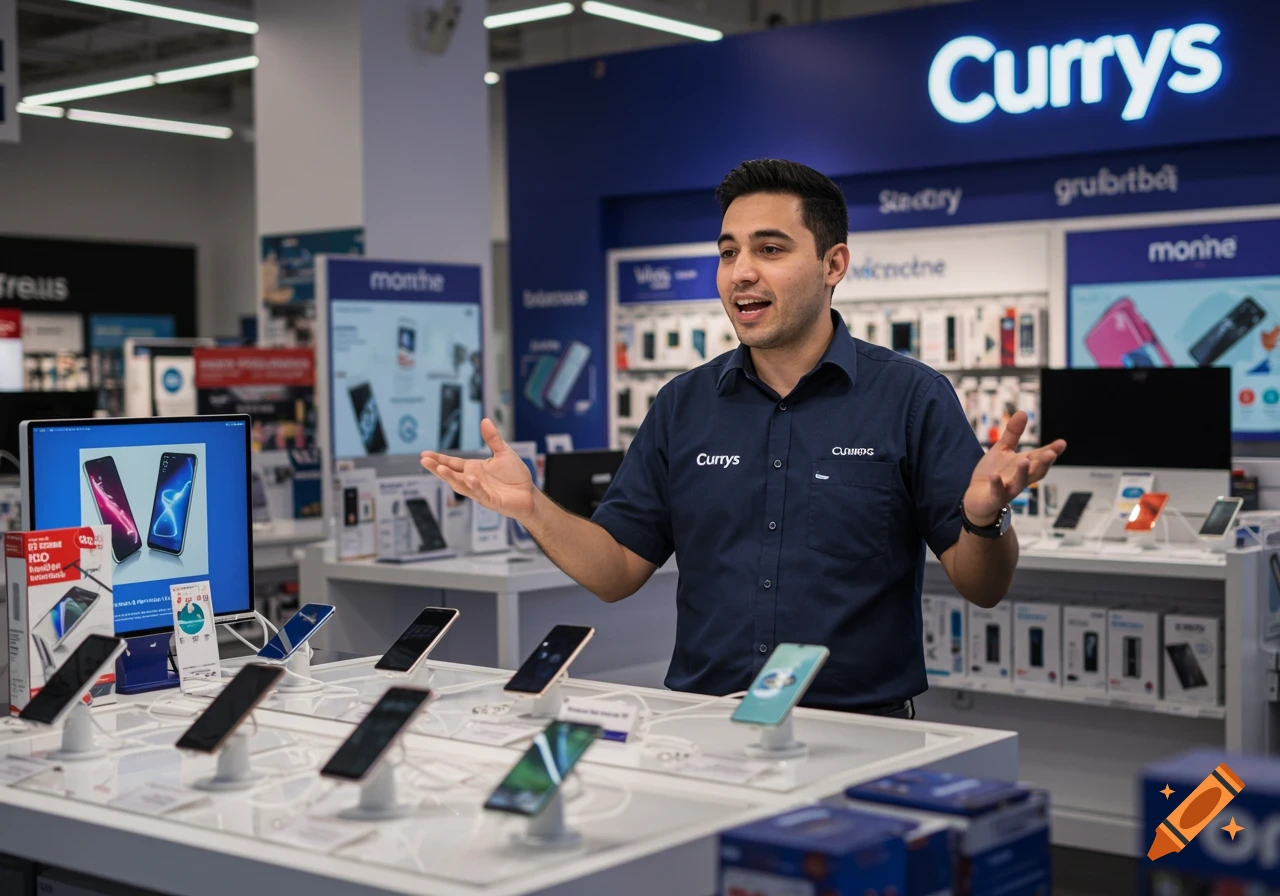 A man in a blue 'Currys' shirt stands in a brightly lit electronics store, gesturing with open hands in front of a display of mobile phones. A large 'Currys' sign is visible in the background.