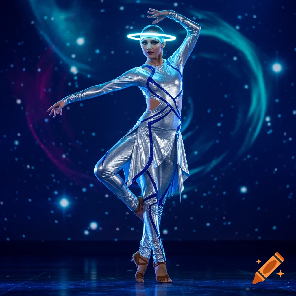 A female dancer in a silver and blue metallic futuristic costume with a glowing ring over her head, posing against a cosmic background.