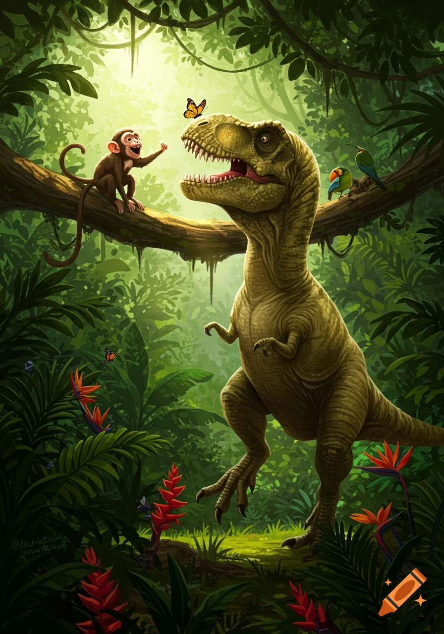 A cartoon monkey on a tree branch laughs at a T-Rex in a vibrant jungle with butterflies and birds.