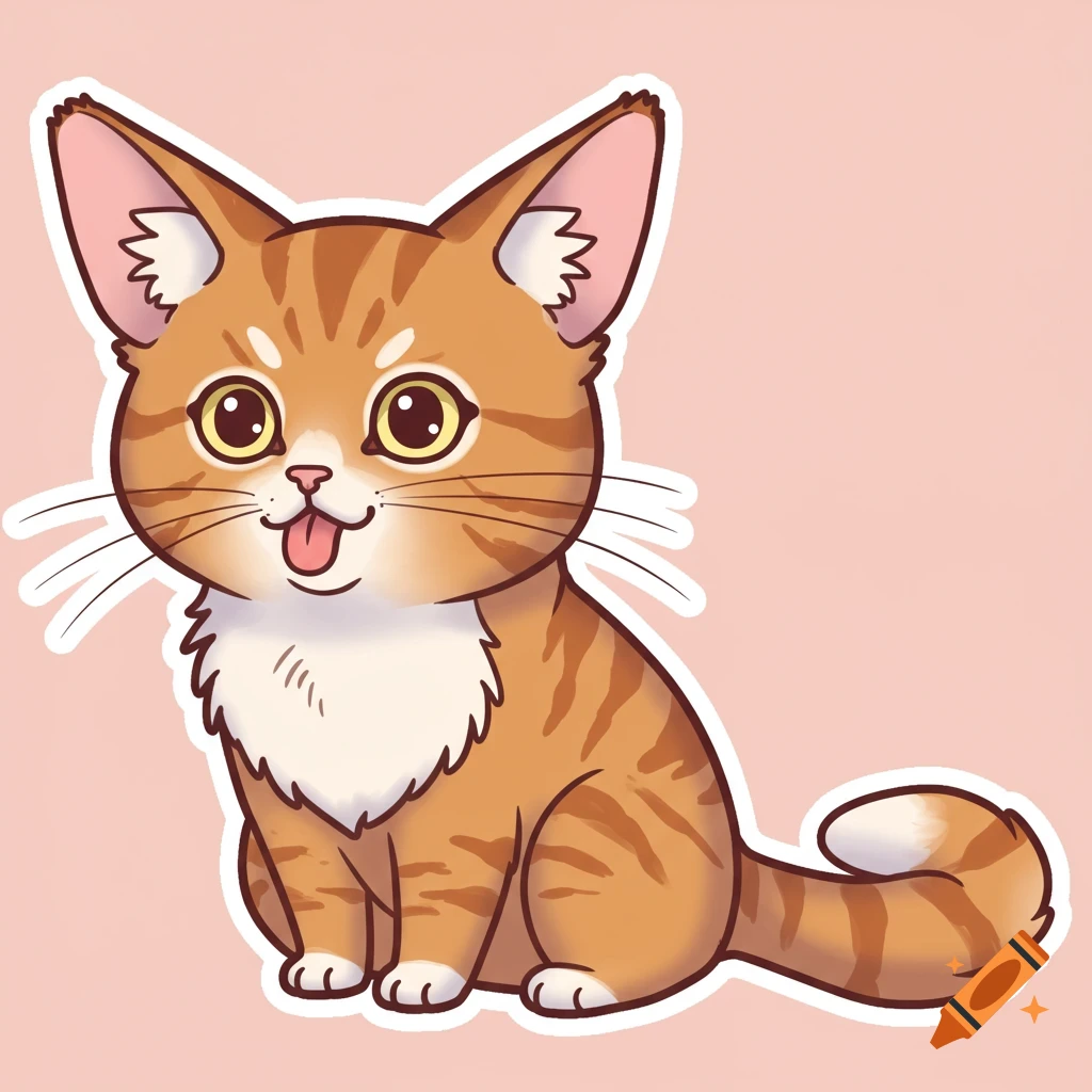 A cute orange tabby cat sticker with big ears and white chest fur, sitting with its tongue sticking out.