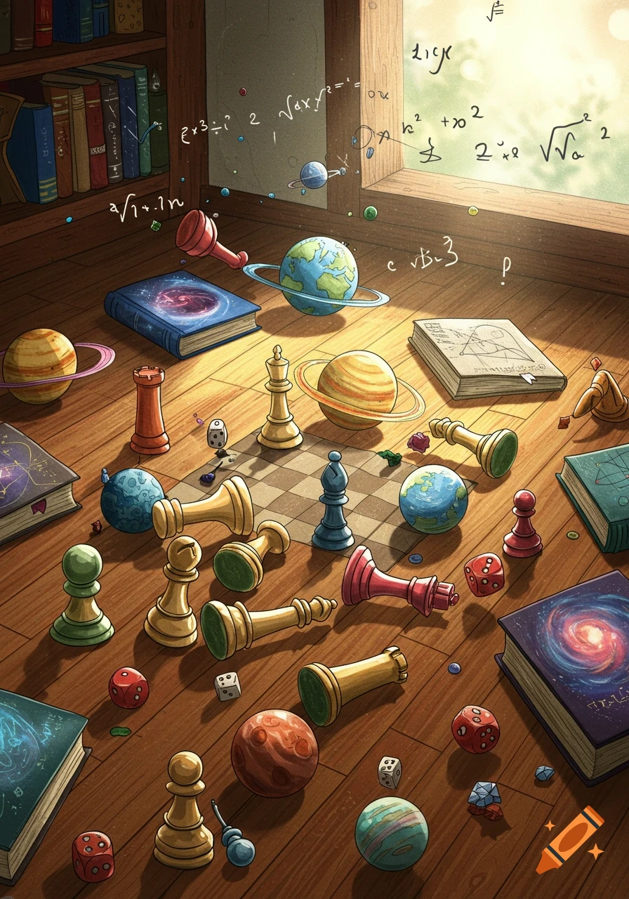 A whimsical still life of scattered chess pieces, colorful planets, dice, books, and mathematical equations on a wooden floor.