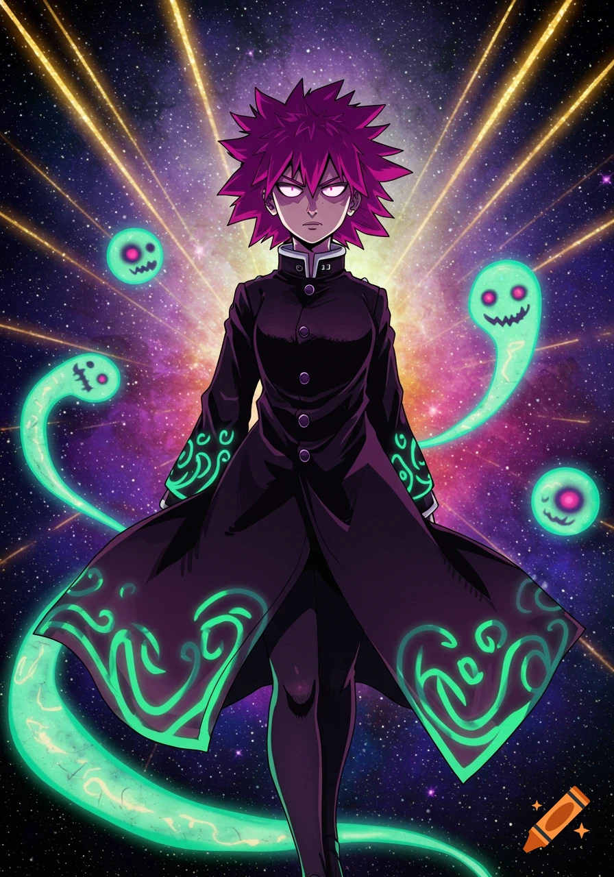 An anime girl with spiky purple hair and a dark uniform stands against a cosmic background with glowing green spirits.