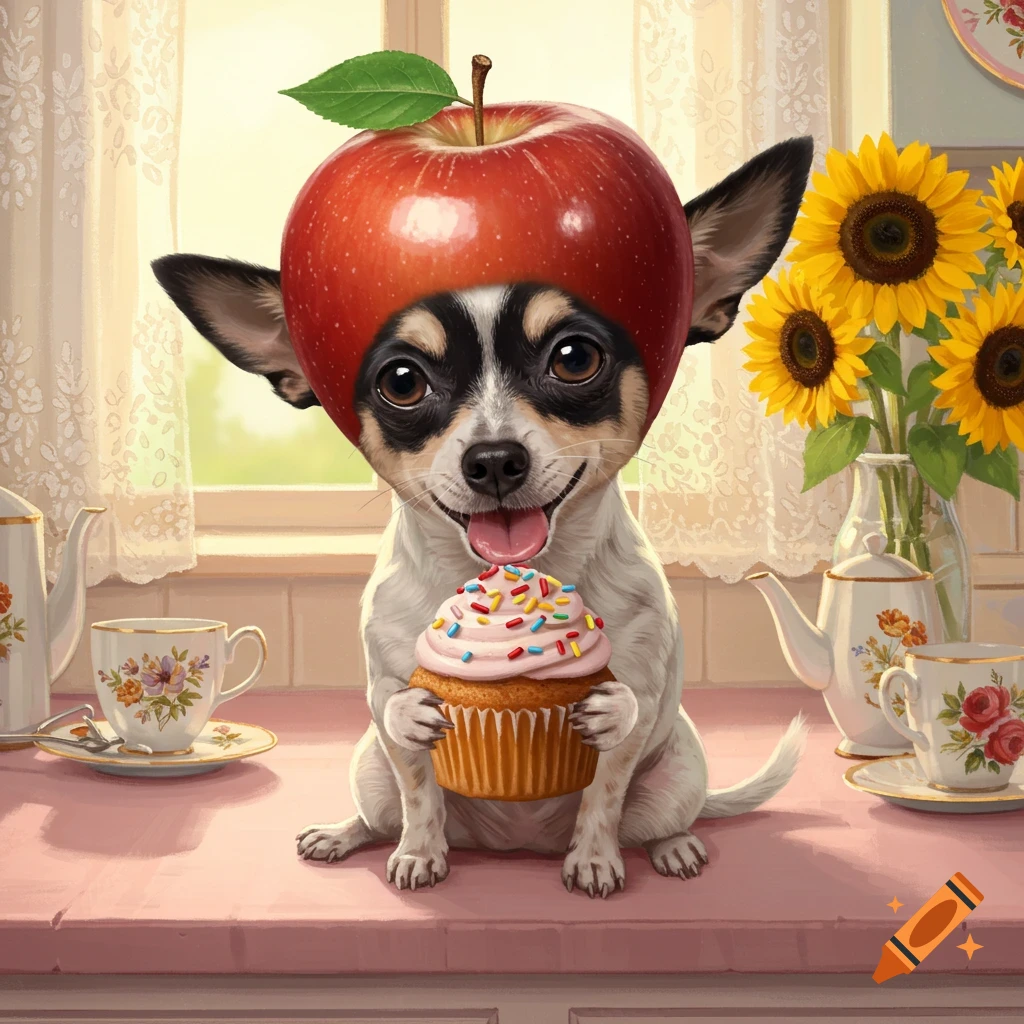A black and white chihuahua with a red apple hat sits on a pink counter, holding a cupcake with sprinkles. Teacups and sunflowers are in the background.