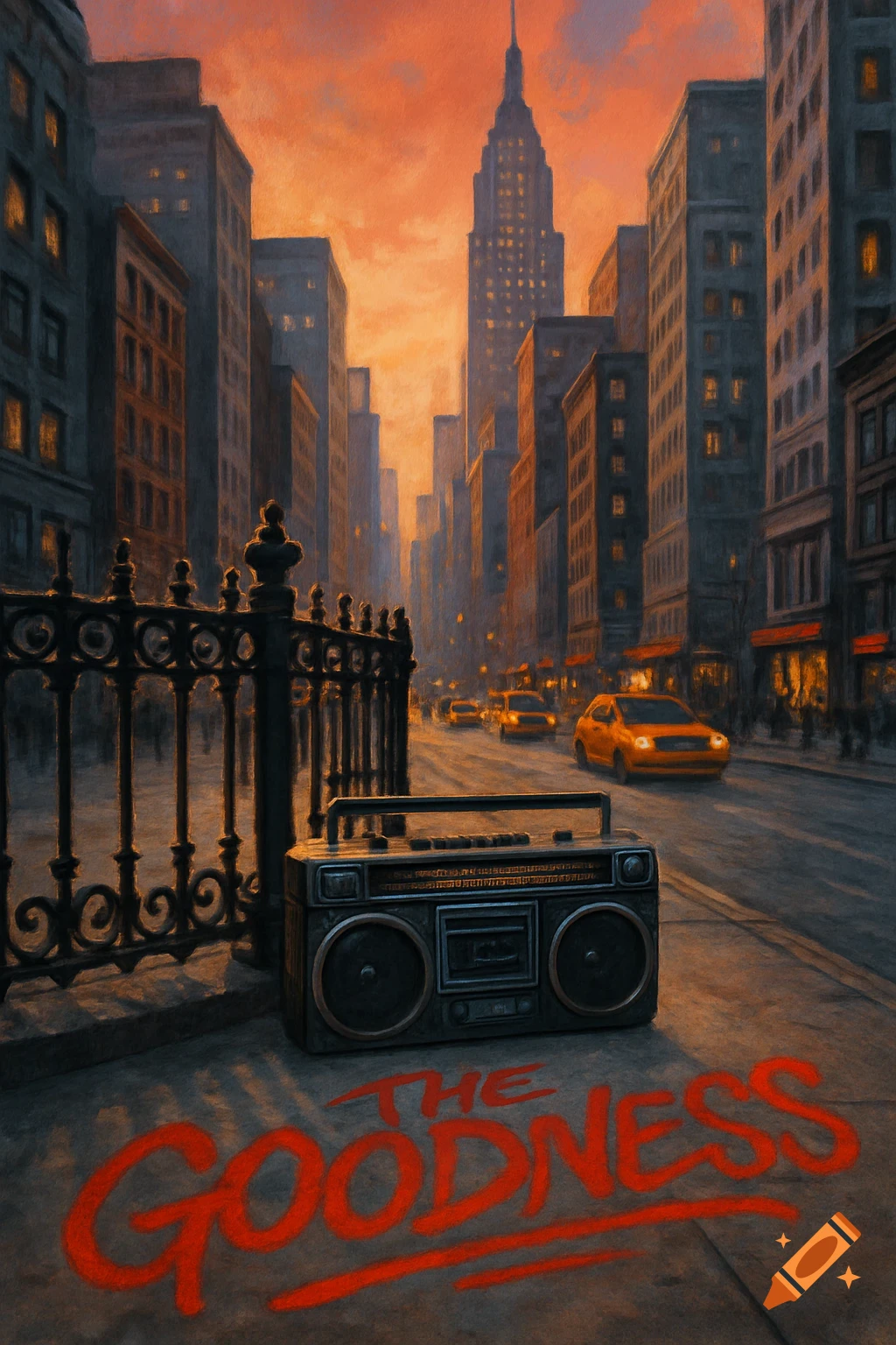 A painterly New York street scene at sunset with a boombox on the pavement and 'THE GOODNESS' spray-painted in red.