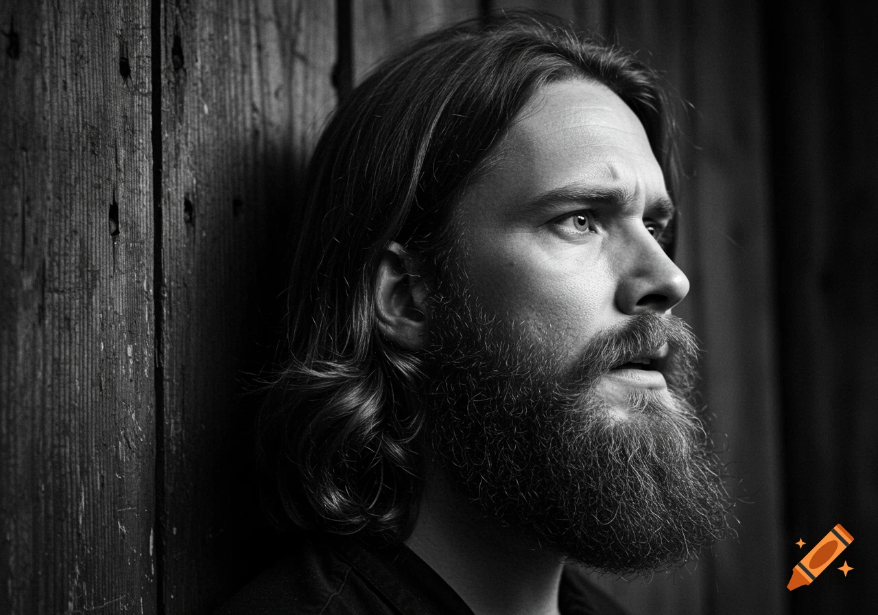 A black and white close-up portrait of a bearded man with long hair, looking worried, leaning against a wooden wall.