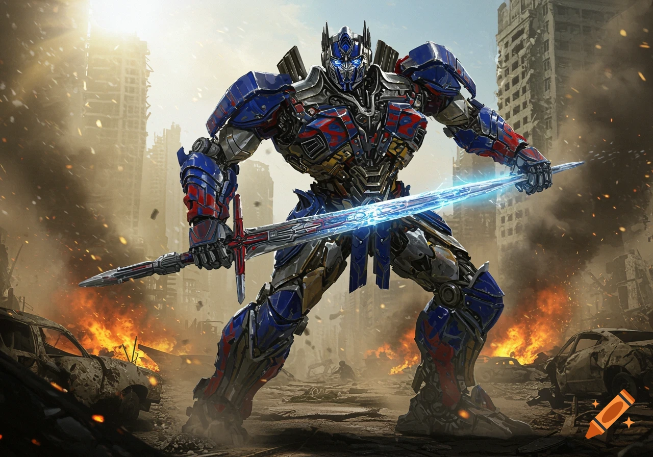 Optimus Prime, a blue and red robot, stands holding a glowing sword in a ruined city with explosions.