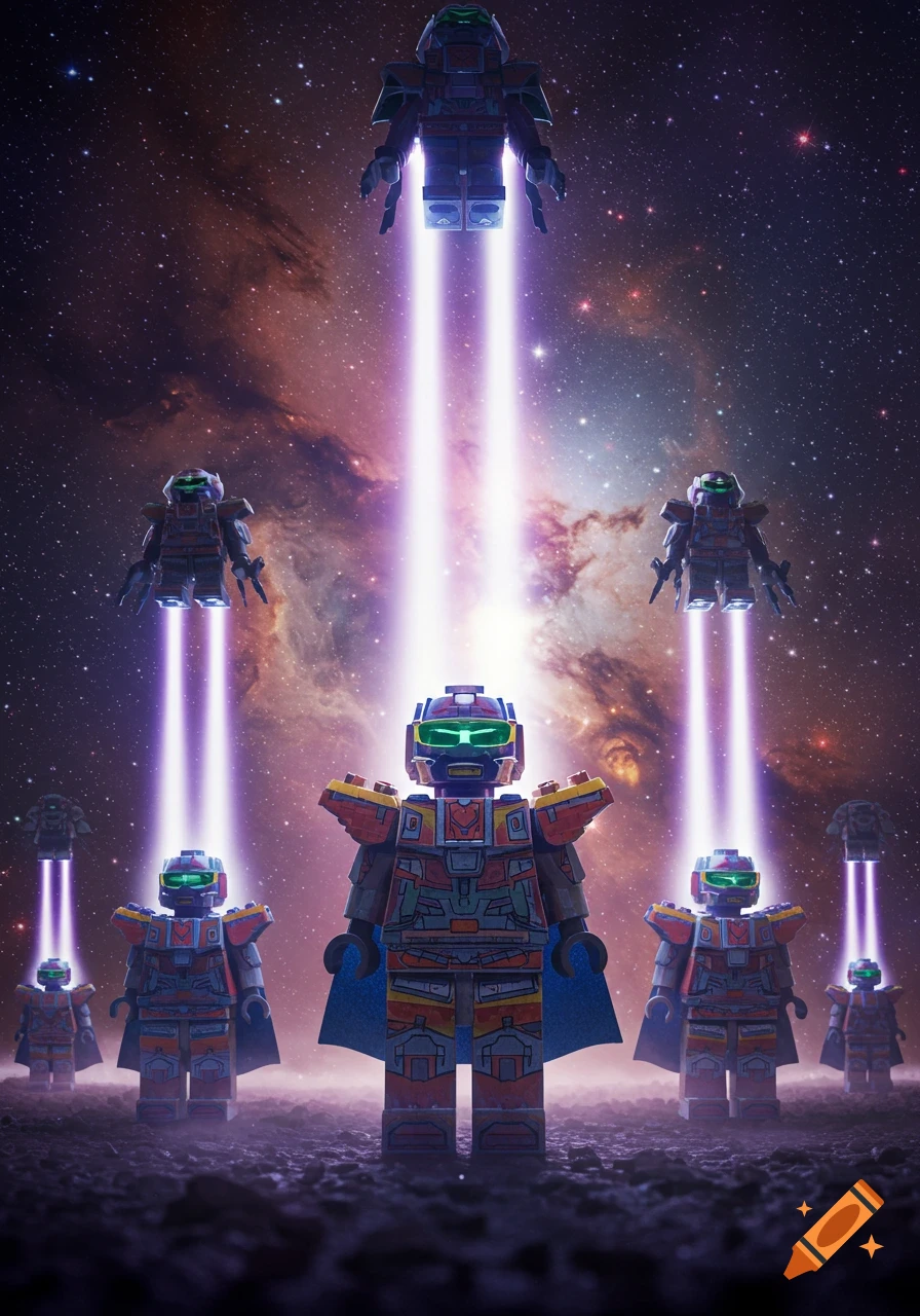 Several armored Lego-style figures, some hovering with purple light beams, stand and float in a vibrant space scene with nebulae and stars.