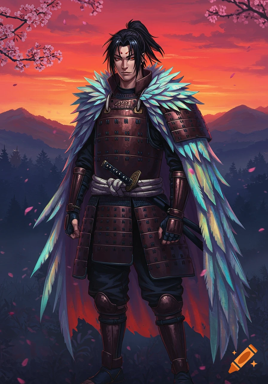 A stylized character in samurai armor with a vibrant feather cloak stands against a red and orange sunset with cherry blossoms.