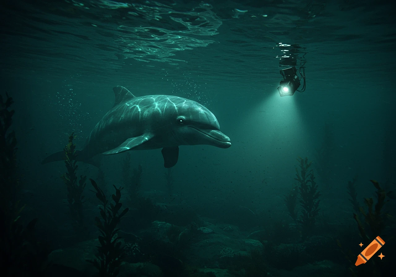 A photorealistic dolphin swims in dark, murky underwater illuminated by a spotlight from above, with kelp visible on the seafloor.