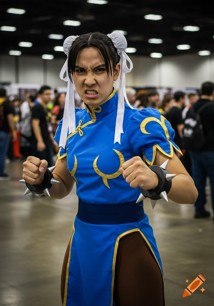 A Chun Li cosplayer with an angry expression clenches fists at a convention.