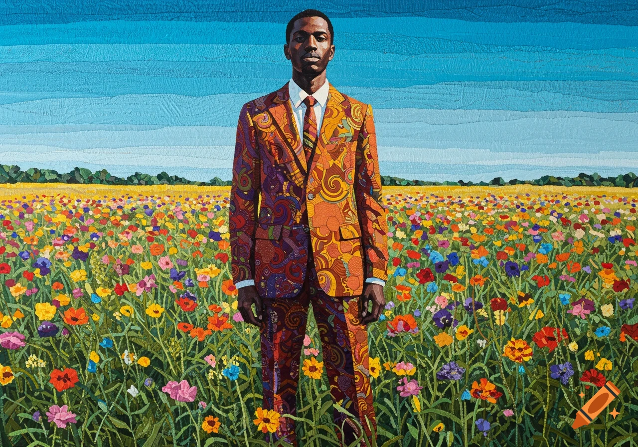 A Black man in a vibrant, patterned suit stands in a colorful field of flowers, in the style of a textile art quilt.