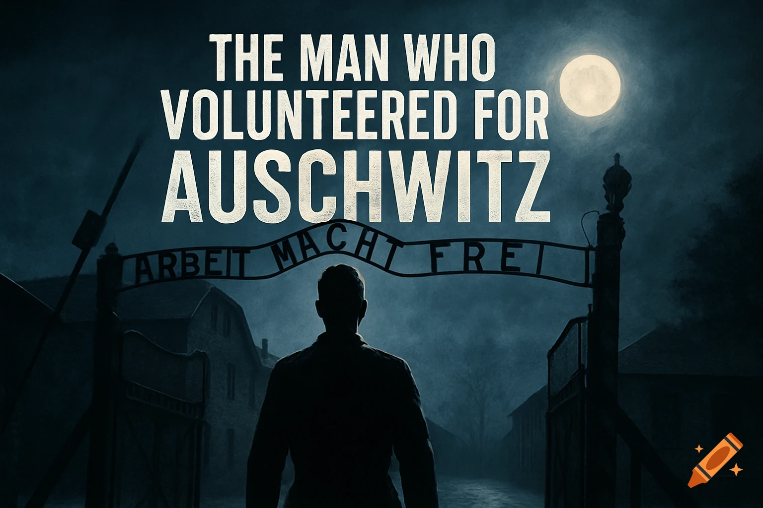 A silhouetted man stands before the "Arbeit Macht Frei" gate of Auschwitz under a full moon, with the title "THE MAN WHO VOLUNTEERED FOR AUSCHWITZ" above.