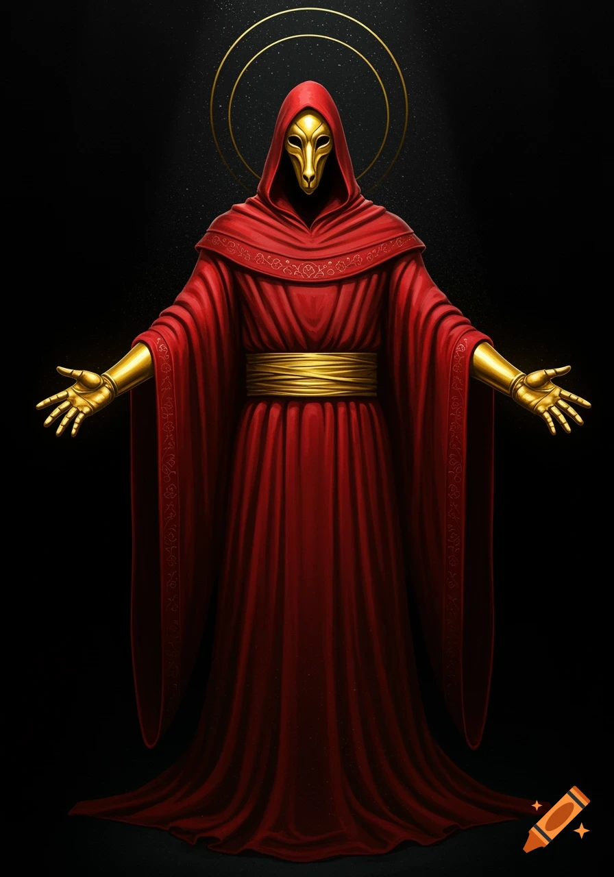 A dark fantasy illustration of a red-robed figure with a golden goat mask, golden gloves, and a golden halo, standing in a void.