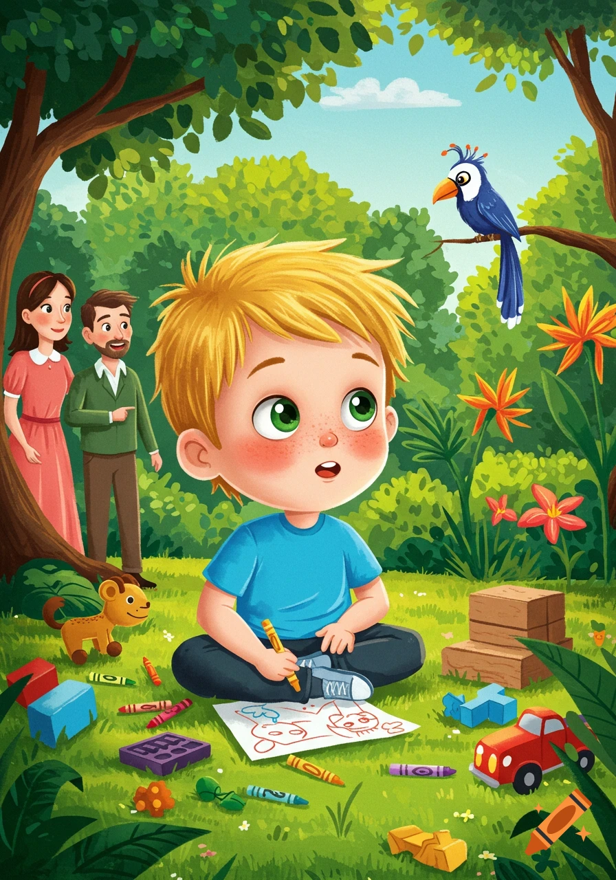 A cartoon boy with blonde hair and a blue shirt draws with crayons in a grassy garden, surrounded by toys, while two adults and a blue bird watch.