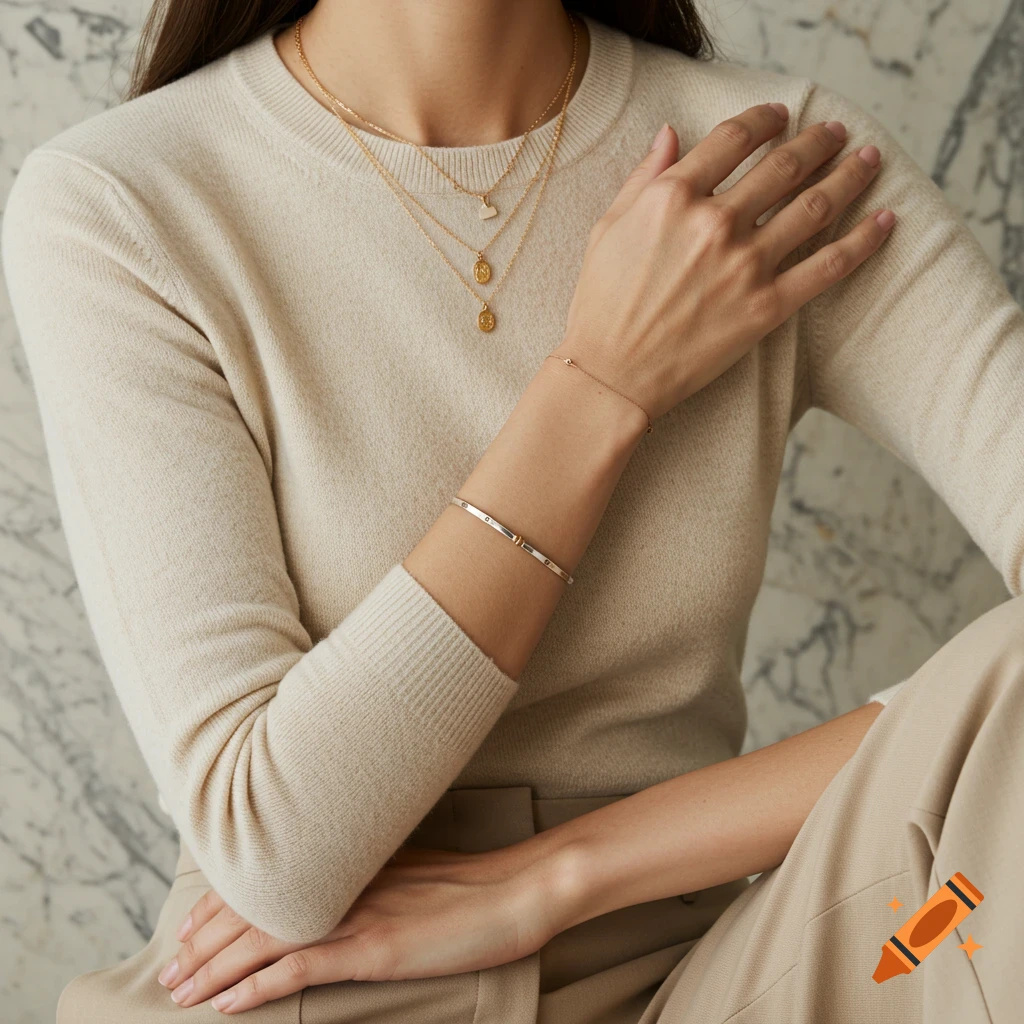 Close-up of a person wearing a cream sweater, layered gold necklaces, and a silver bangle bracelet against a marble background.