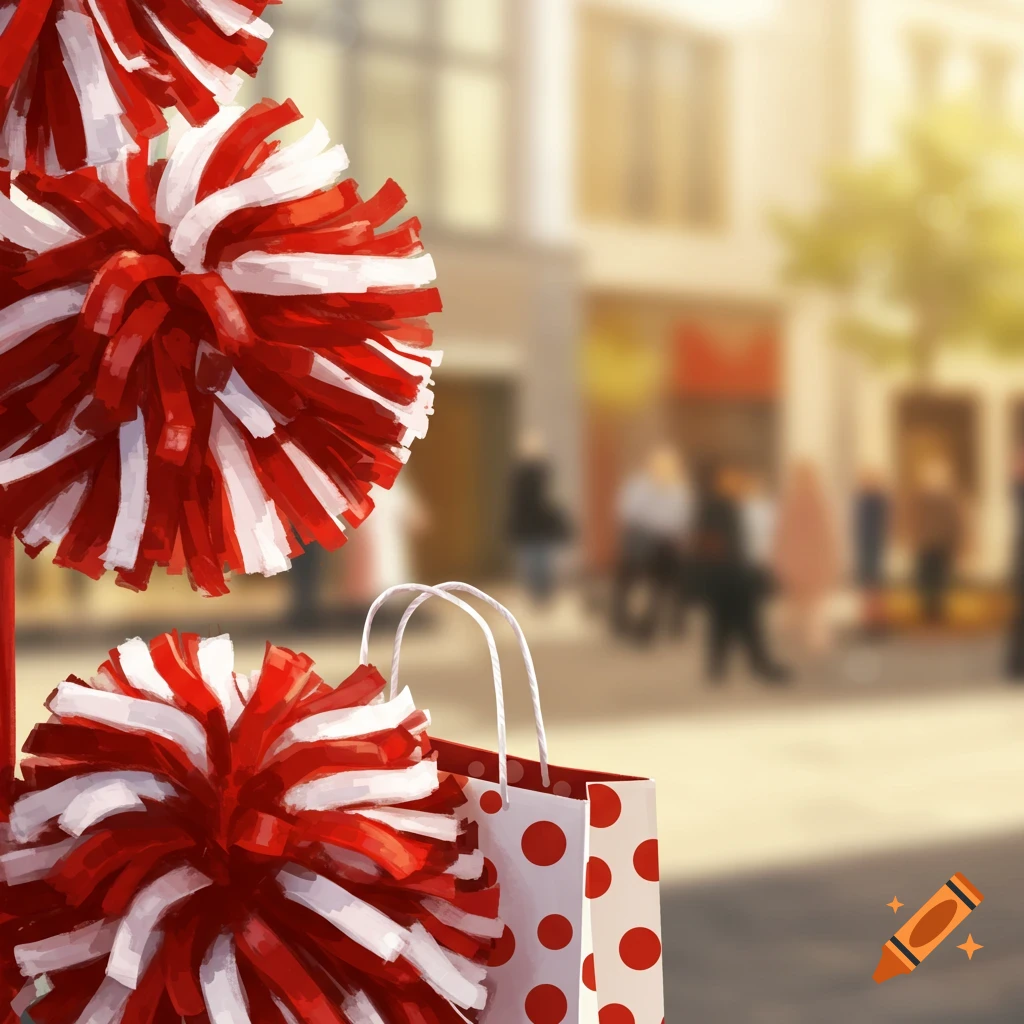 Red and white cheerleader pom-poms and a polka-dotted shopping bag in the foreground, with a blurred street scene in the background.