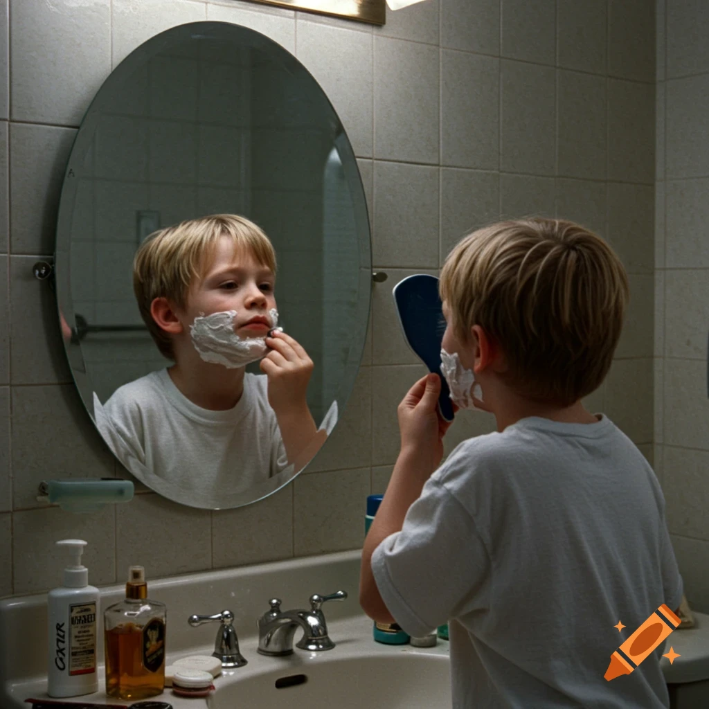 A young boy with blond hair, mirroring a scene from Home Alone, playfully applies shaving cream to his face while looking into an oval mirror in a bathroom.