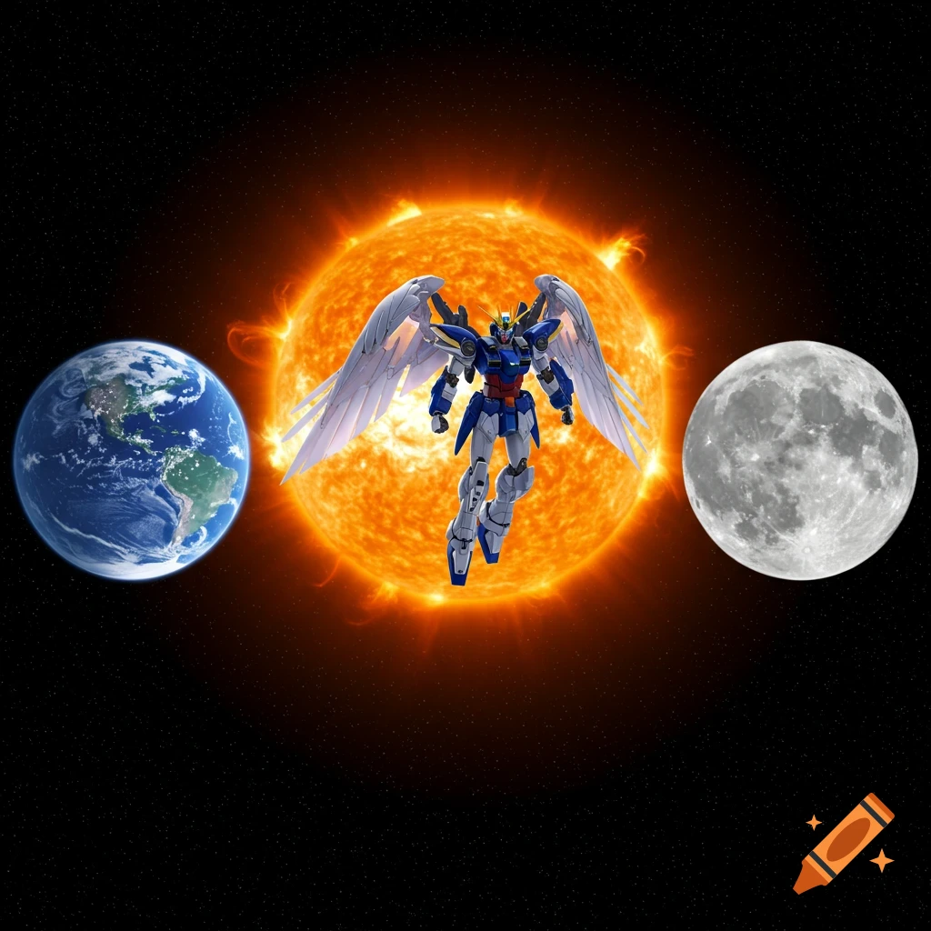 A blue and white winged Gundam robot floats in space in front of a large, glowing sun. Earth is to the left of the sun, and the Moon is to the right.