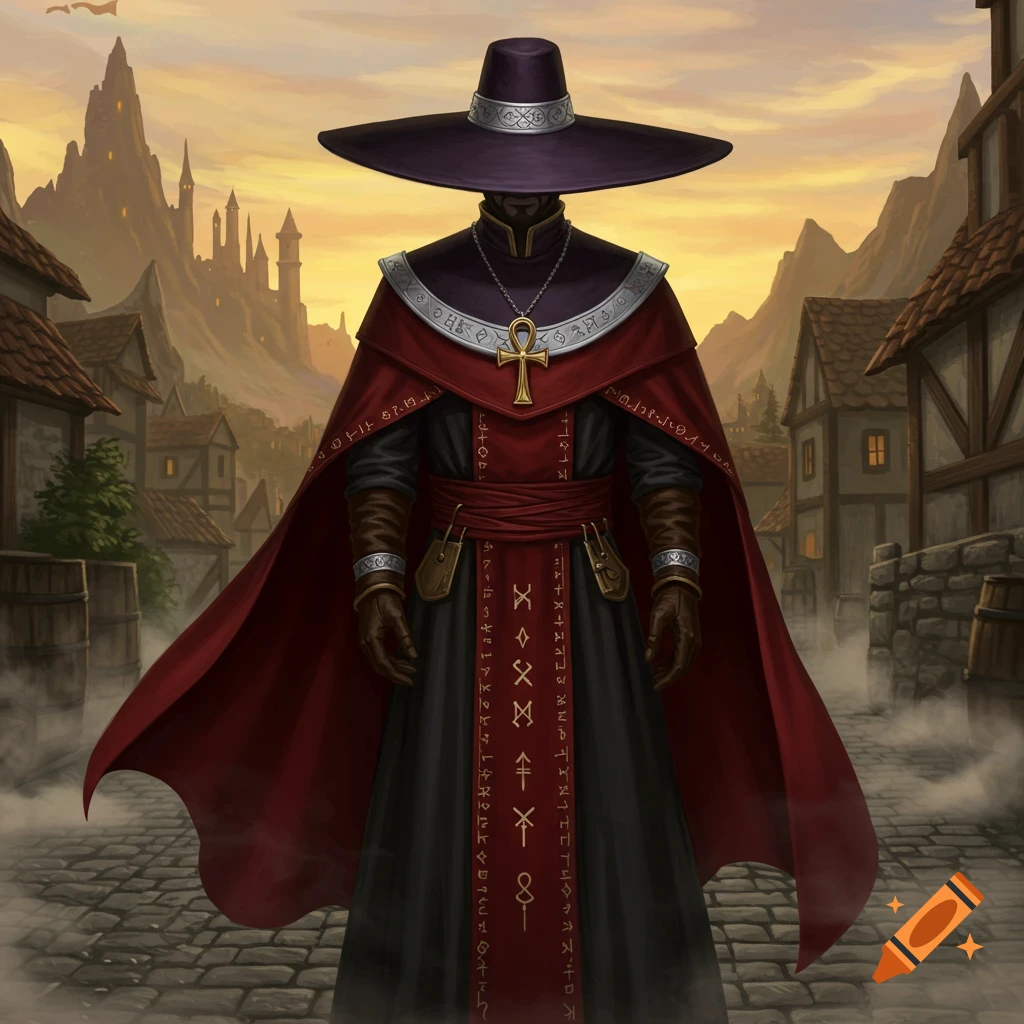 A dark figure in a wide-brimmed purple hat, red cape, and black robe with golden symbols stands in a medieval village.