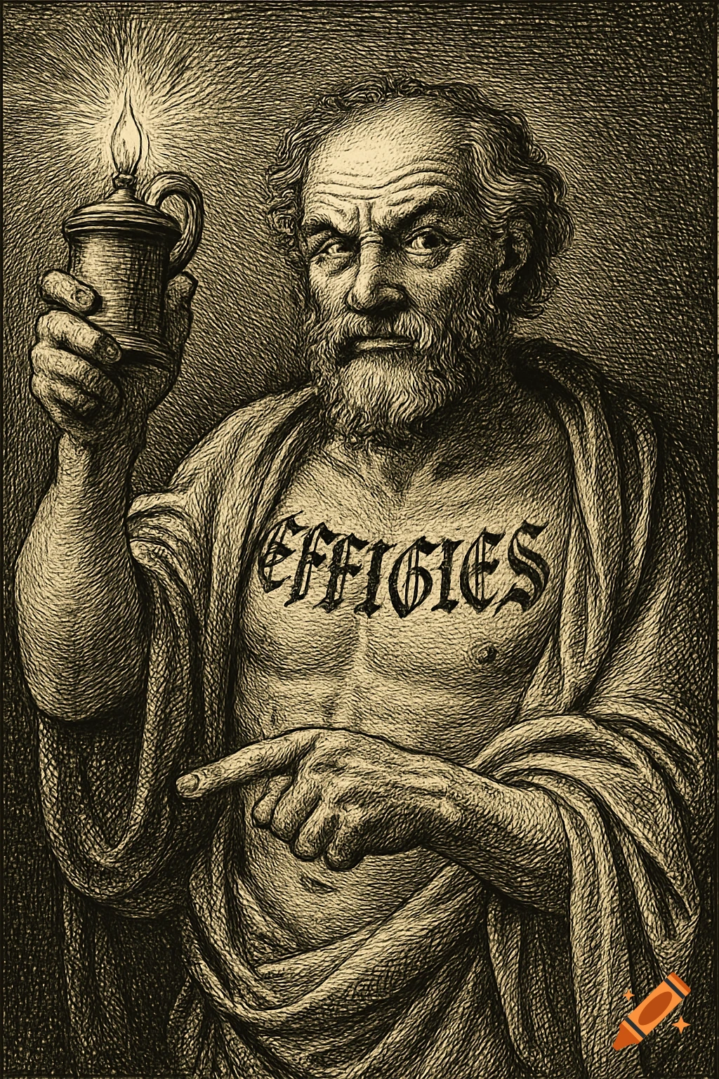A black and white 17th-century print of a bearded man with an 'EFFIGIES' chest tattoo, holding a lamp and pointing.