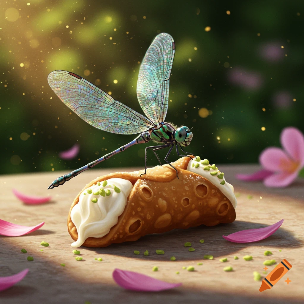 A vibrant dragonfly perched on a creamy cannoli with green sprinkles, on a wooden surface amidst pink petals and soft sunlight.