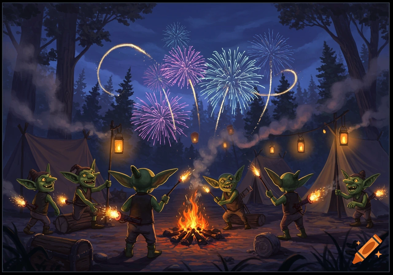 Green goblins gather around a campfire in a forest camp at night, lighting colorful fireworks and sparklers.