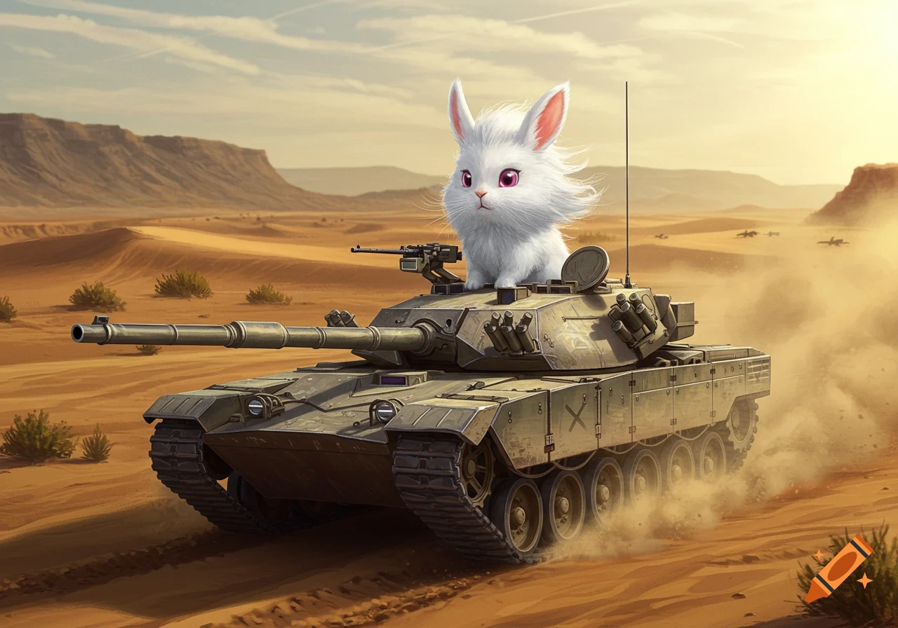 Fluffy white rabbit with pink eyes sitting on a military tank in a desert landscape.