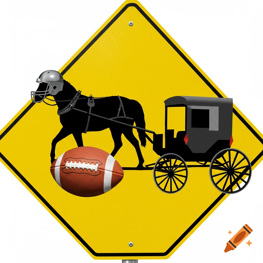 A yellow diamond-shaped road sign depicts a horse with a football helmet pulling a buggy with football wheels.