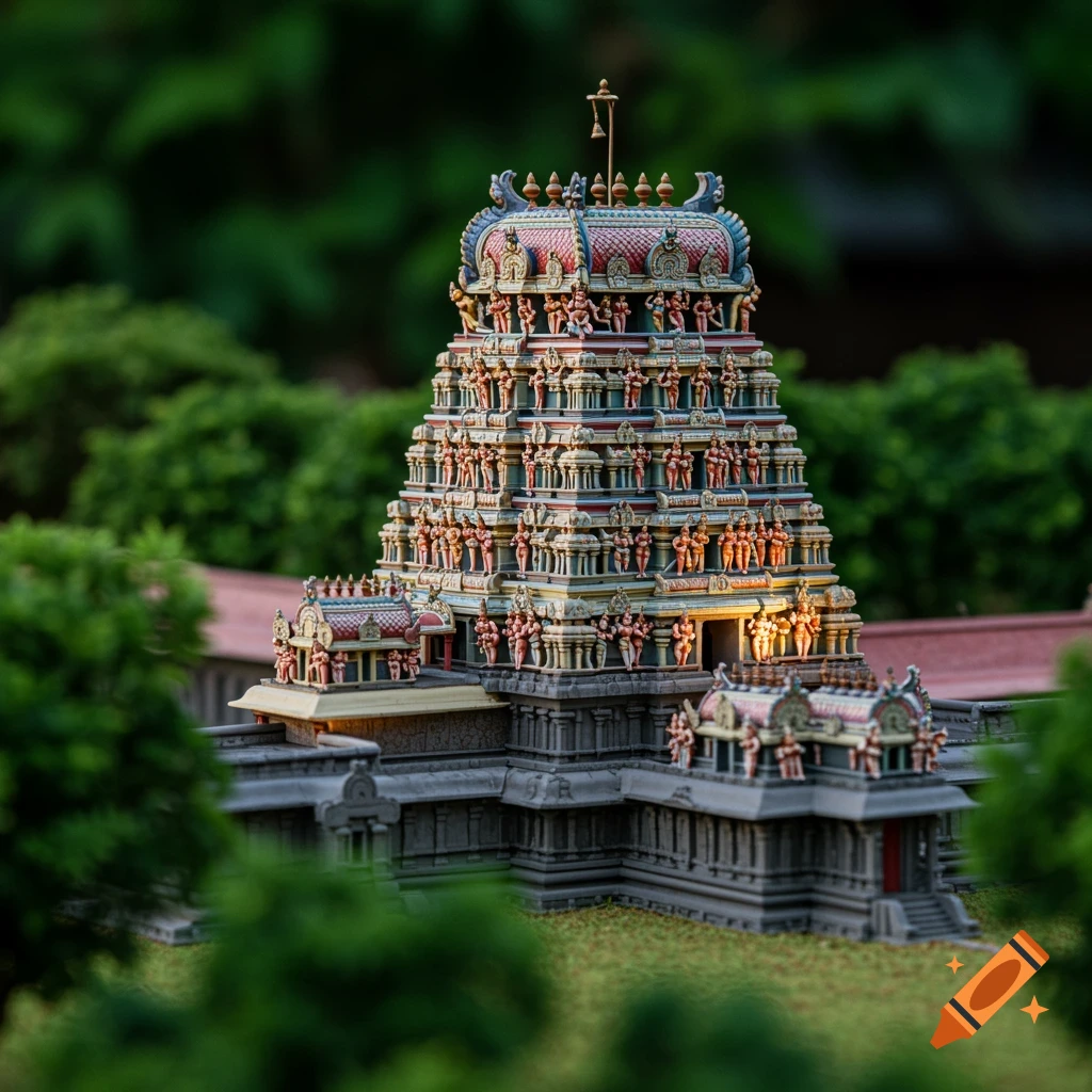 A detailed miniature of the colorful Nallur Temple, surrounded by lush green foliage, with a shallow depth of field.