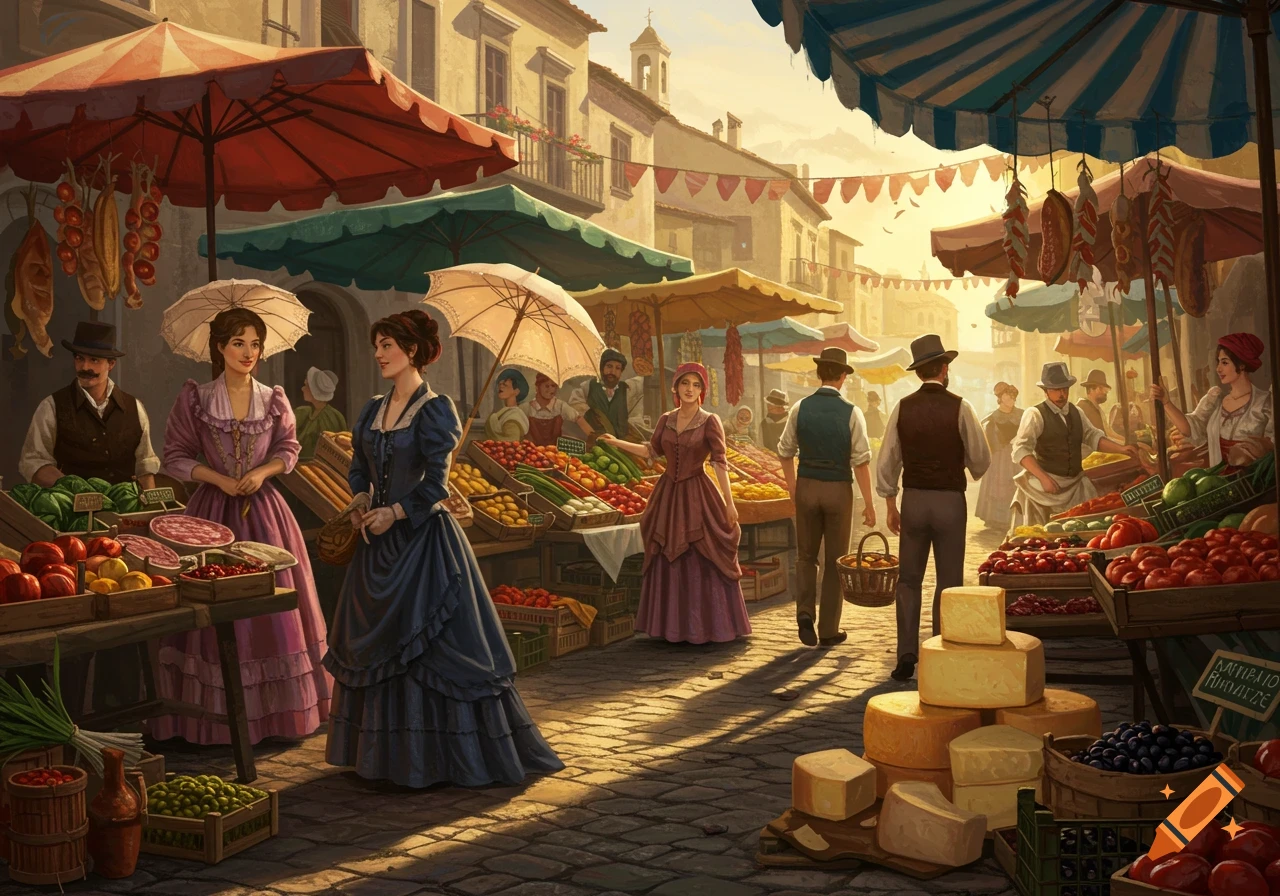 A vibrant illustration of an 1800s outdoor market in Italy with people in period clothing browsing stalls filled with produce and cheeses.