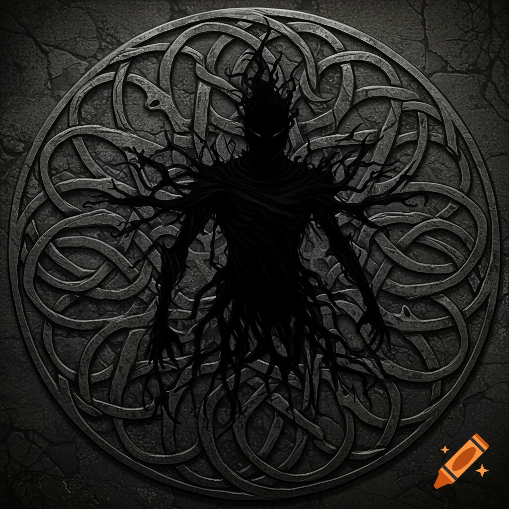 A dark, shadowy humanoid figure made of tangled roots with glowing eyes, centered on an intricate Celtic knotwork disc against a textured stone background.