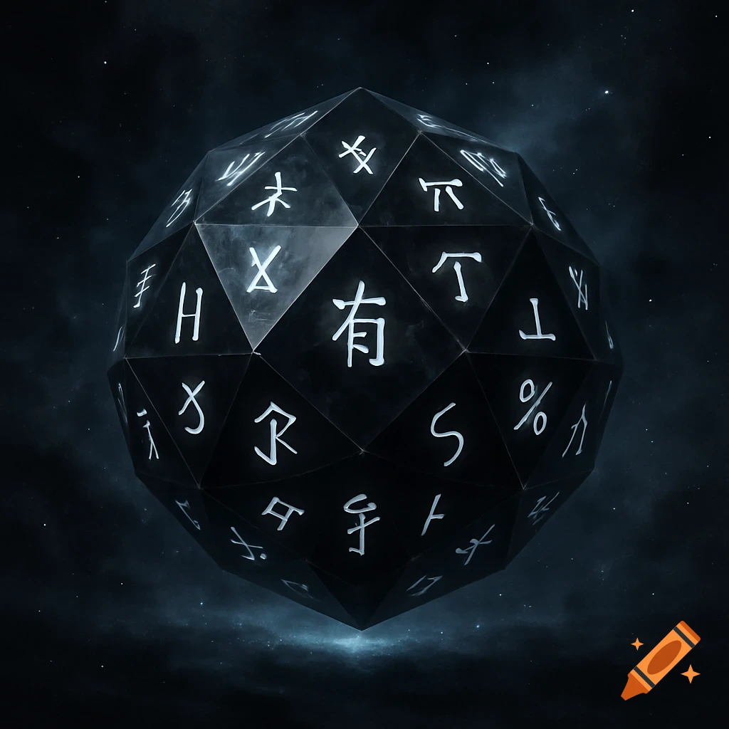 A dark, multi-faceted divine artifact floats in cosmic space, with glowing white symbols on each face.