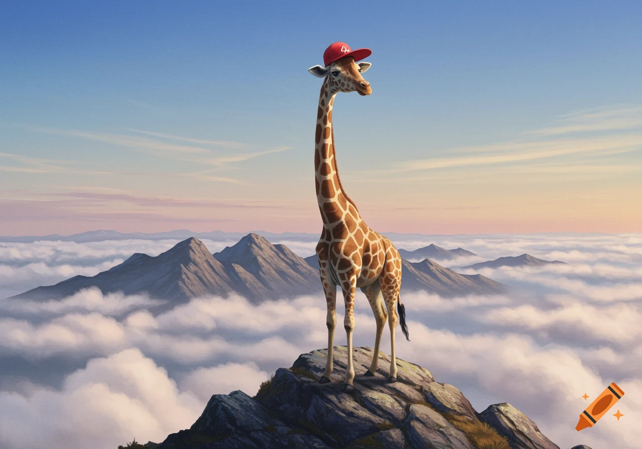 A majestic giraffe wearing a red baseball cap stands atop a rocky mountain peak, surrounded by clouds and distant mountains, under a clear sky.
