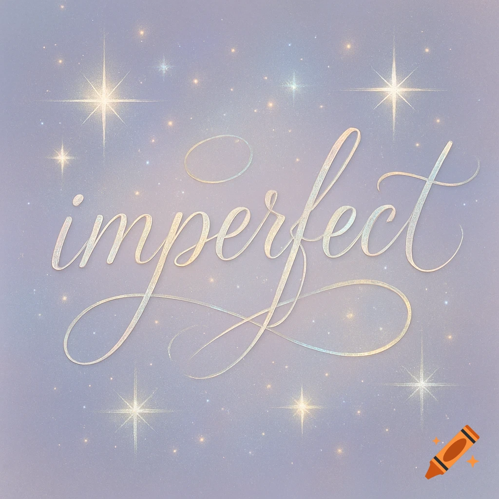 The word 'imperfect' in elegant cursive script against a shimmering light purple background with stars and sparkles.