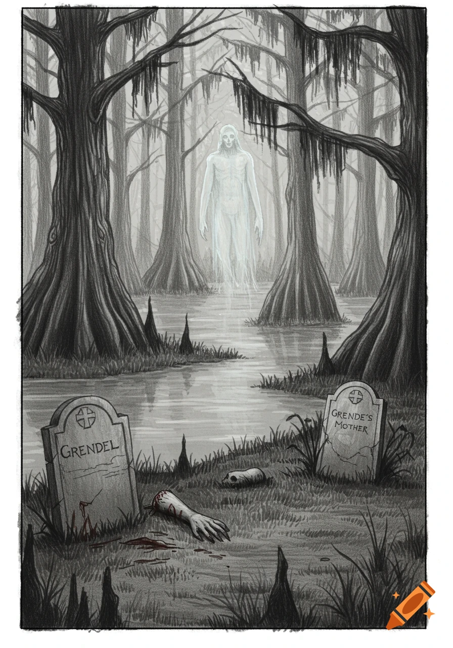 A stylized black and white pencil drawing depicts a ghostly figure of Grendel and Grendel's Mother in a murky swamp with gravestones and a severed arm.