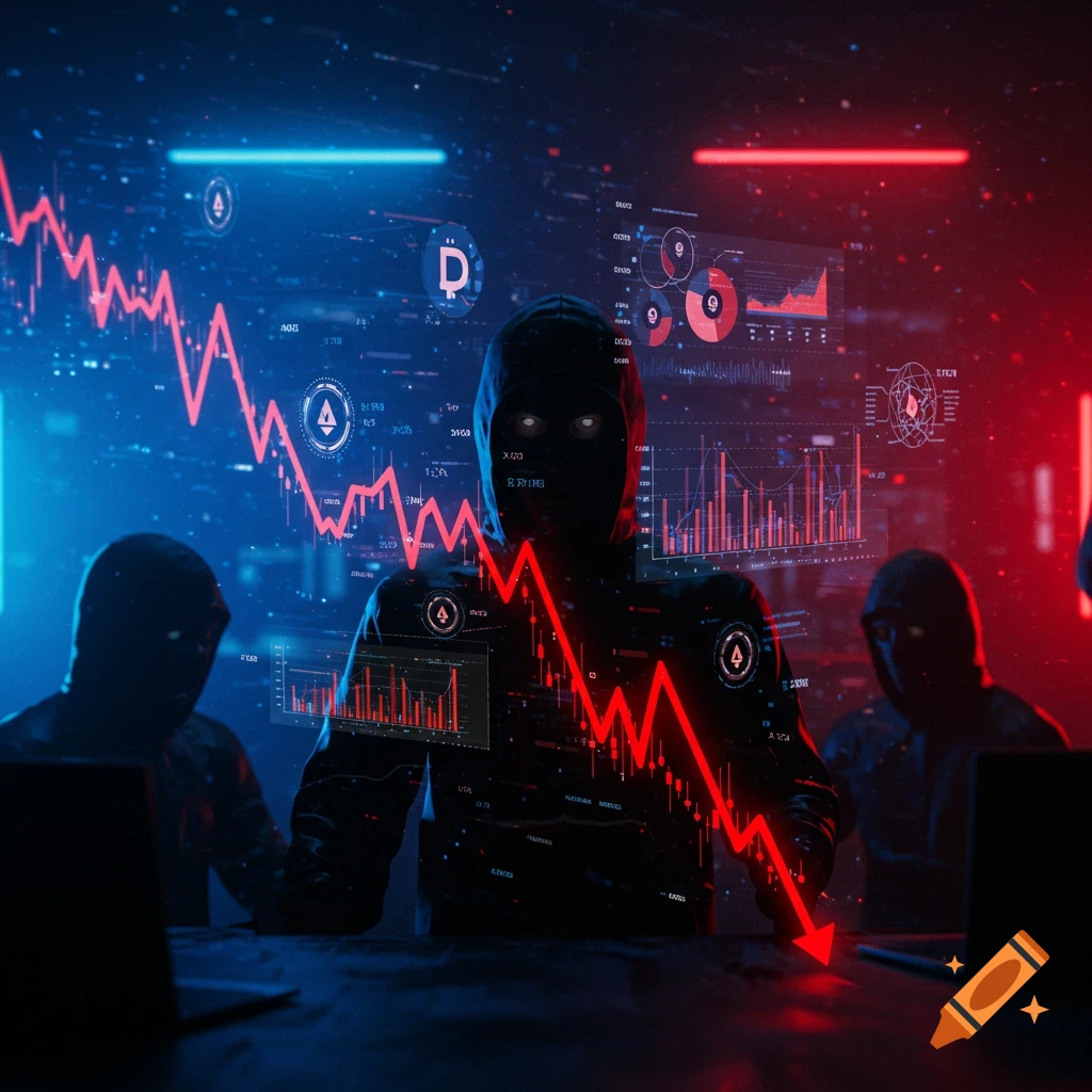 Shadowy figures in hoodies analyze digital charts with a red downward trend line in a neon-lit, futuristic tech environment.