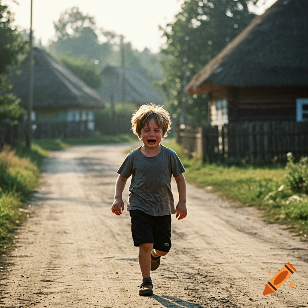A crying young boy with messy hair runs down a dusty dirt road in a village with thatched-roof houses.
