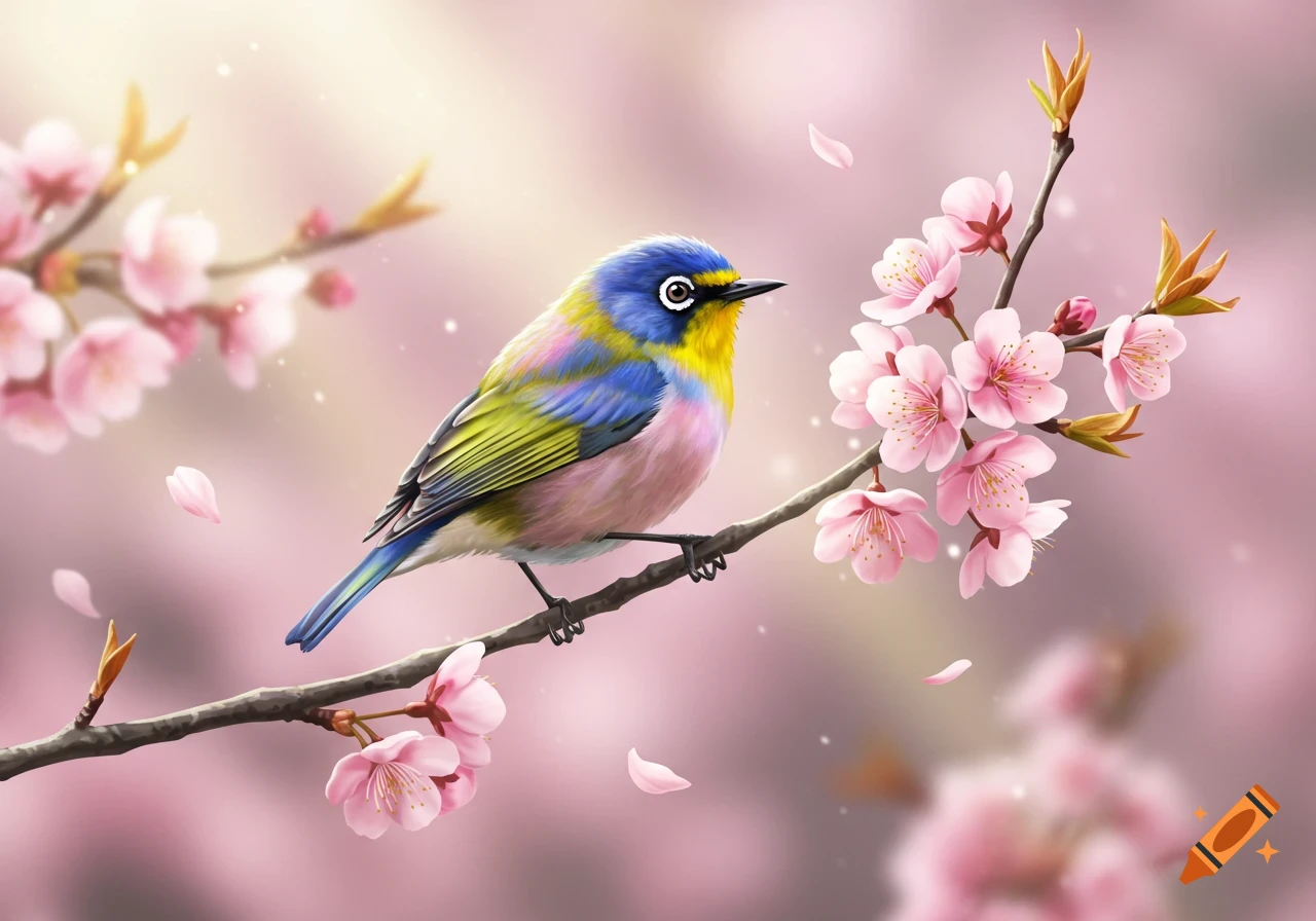 A vibrant, colorful bird perches on a branch adorned with delicate pink cherry blossoms against a soft, light pink background in an illustrative style.