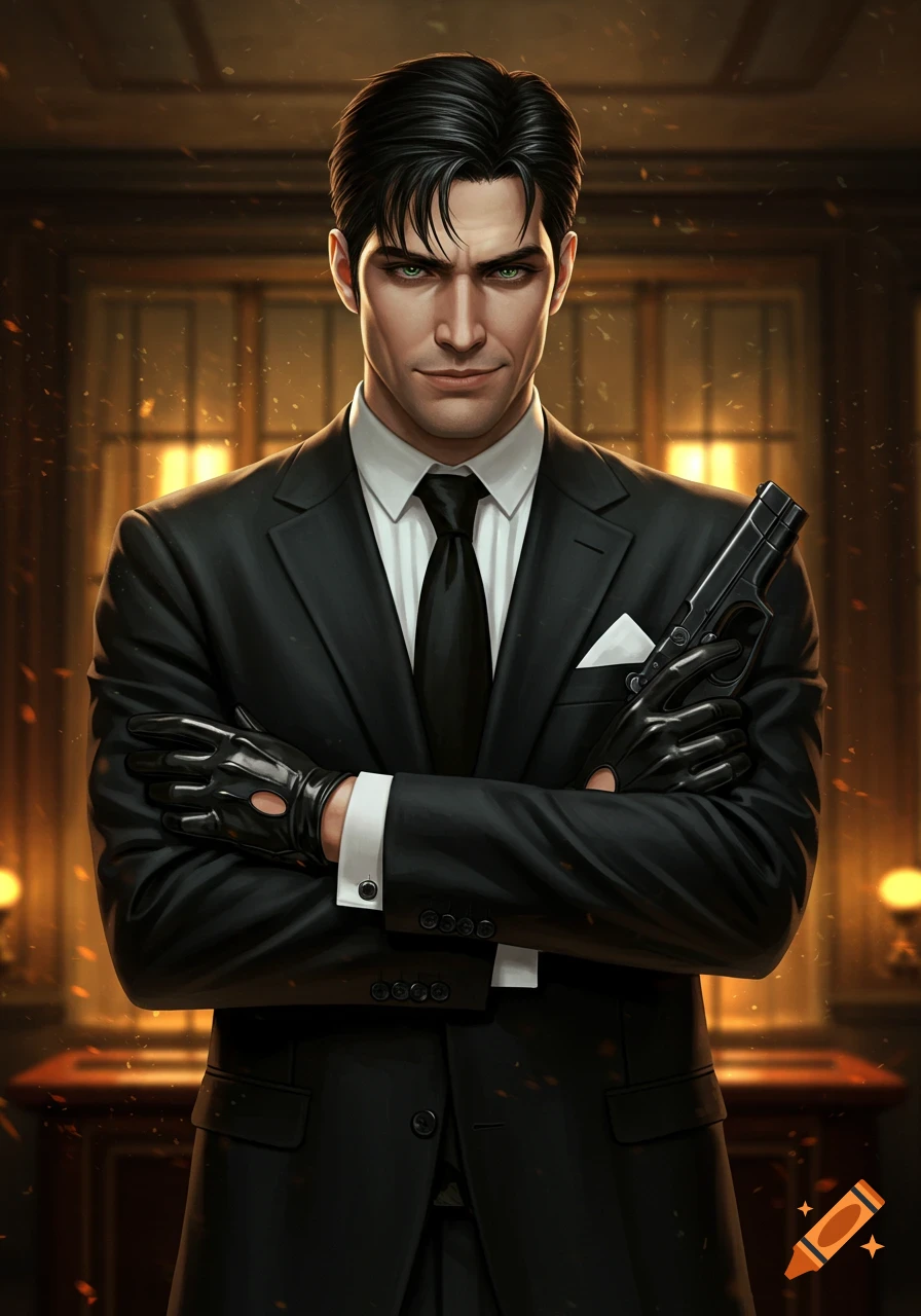 A handsome man in a black suit with green eyes and black hair crosses his arms, holding a black gun. Detailed portrait.