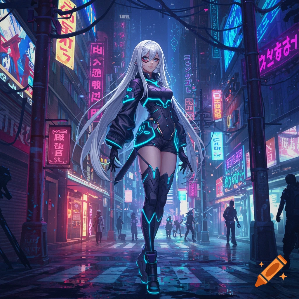A futuristic anime character with long white hair and glowing blue-accented black armor stands in a neon-lit cyberpunk city street at night.
