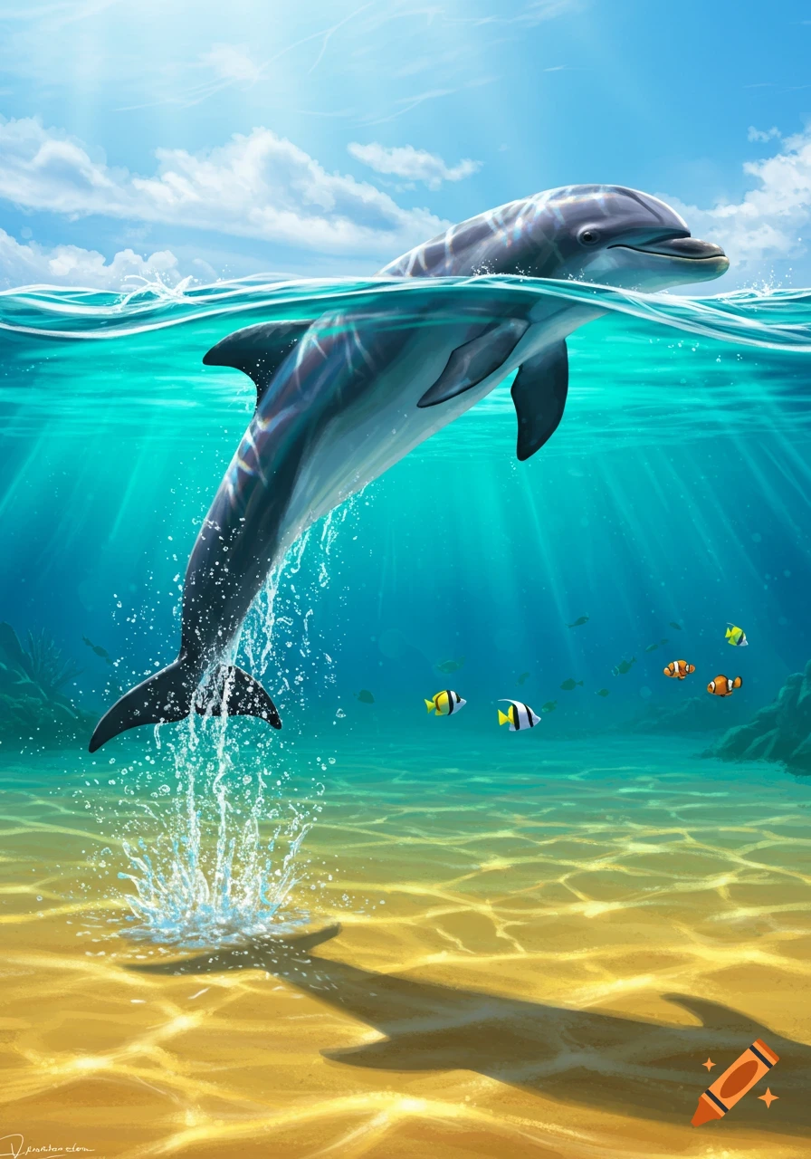 Vibrant illustration of a dolphin leaping from clear blue ocean water, sunlight shining on fish and sandy seabed.