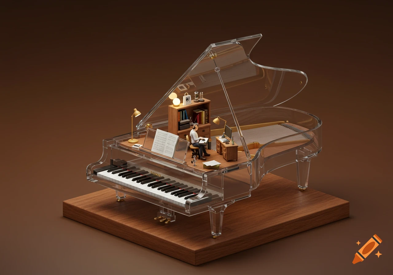 A detailed 3D digital illustration of a miniature person working in an office setup inside a transparent grand piano.