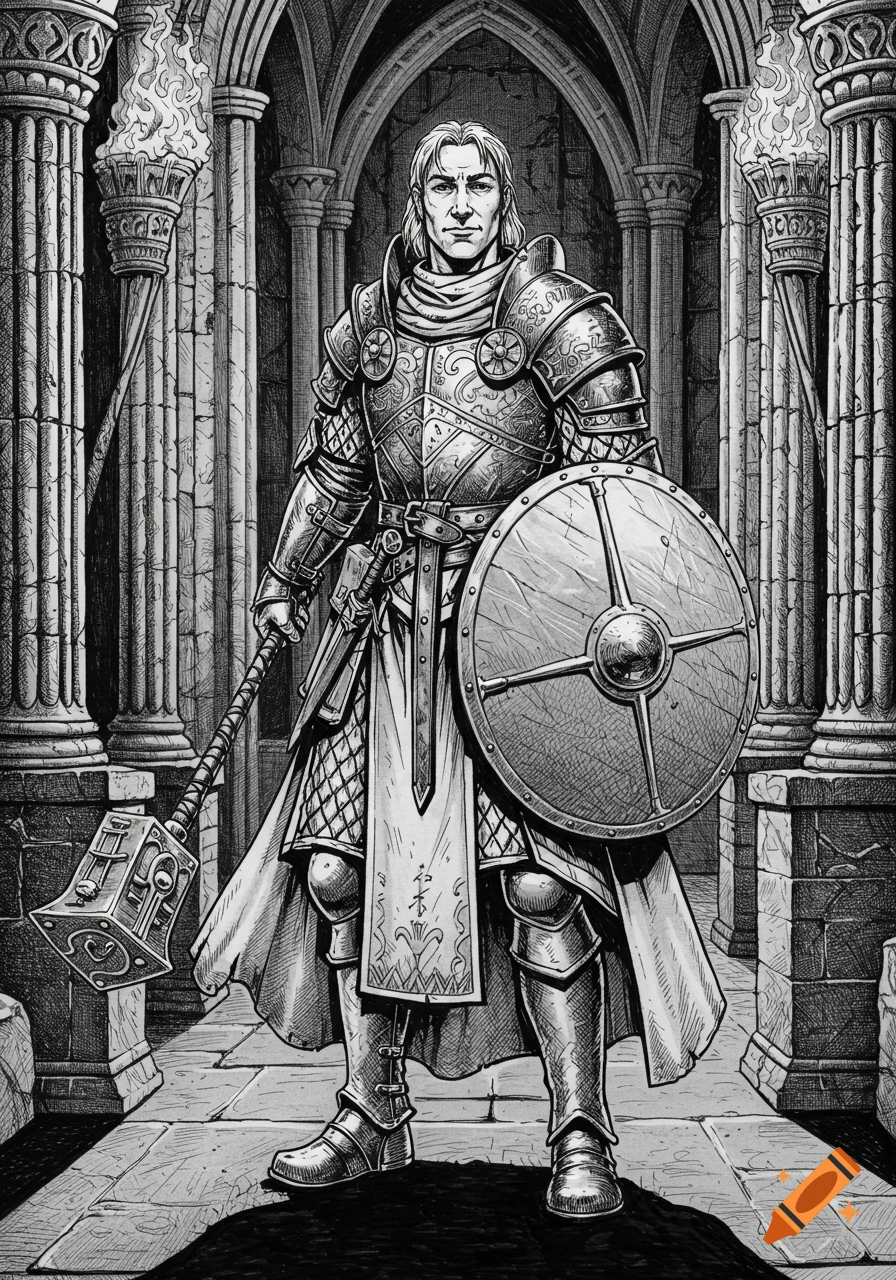 A black and white hand-drawn illustration of a male cleric in armor, holding a mace and shield, standing in a gothic hall.