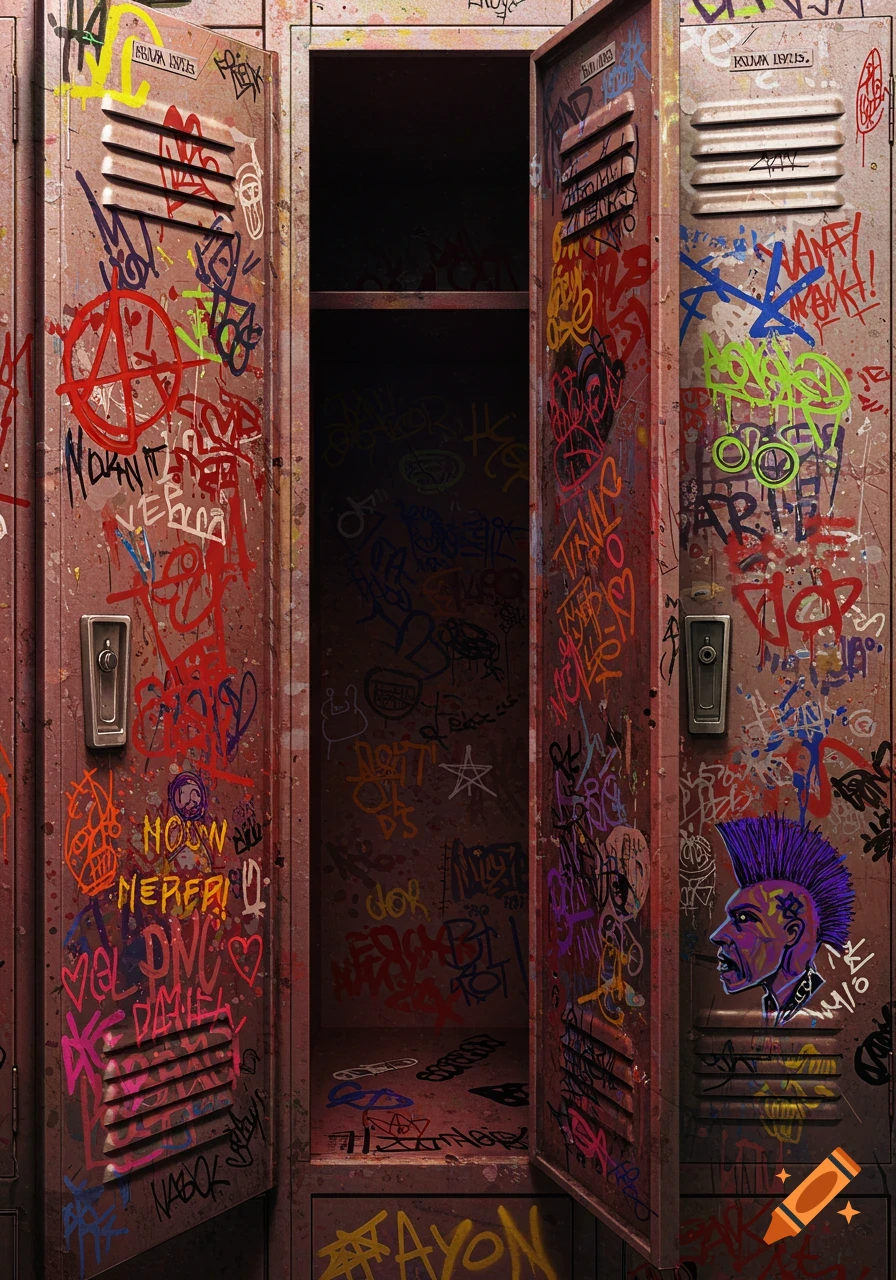 Close-up of old, heavily graffitied school lockers with a punk rock drawing on the right, in a gritty, urban style.